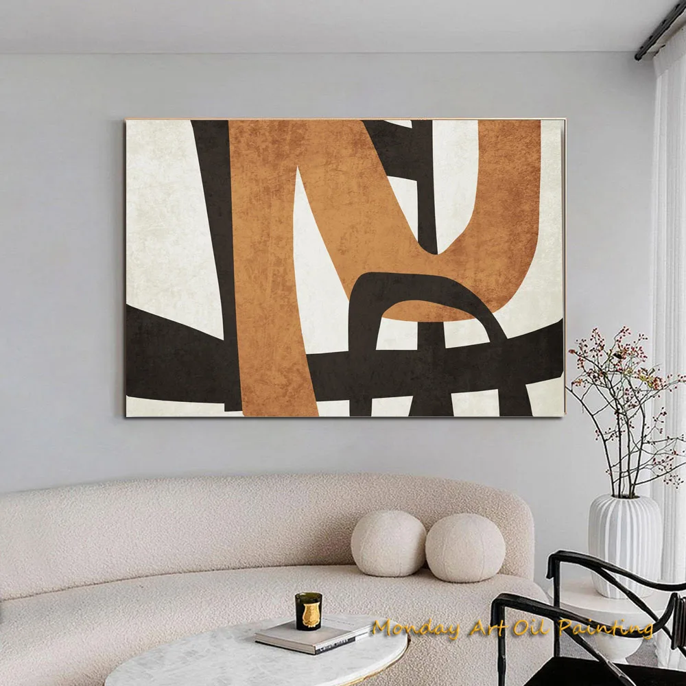 Hand Painted Calming Neutrals Scandinavian Modern Oil Painting Canvas Abstract Office Geometric Bold Shapes Copper Black Nordic