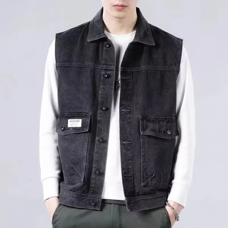 Trendige neue künstlerische Arbeitskleidung, Jeansjacke, Weste, Herren, Übergröße, beliebt – Detail 1