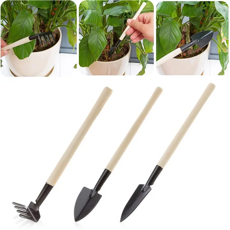 Mini Portable Gardening Tool Metal  Shovel Rake Spade Plant Garden Soil Raising Flowers Wooden Handle Tool Set Bonsai Tool