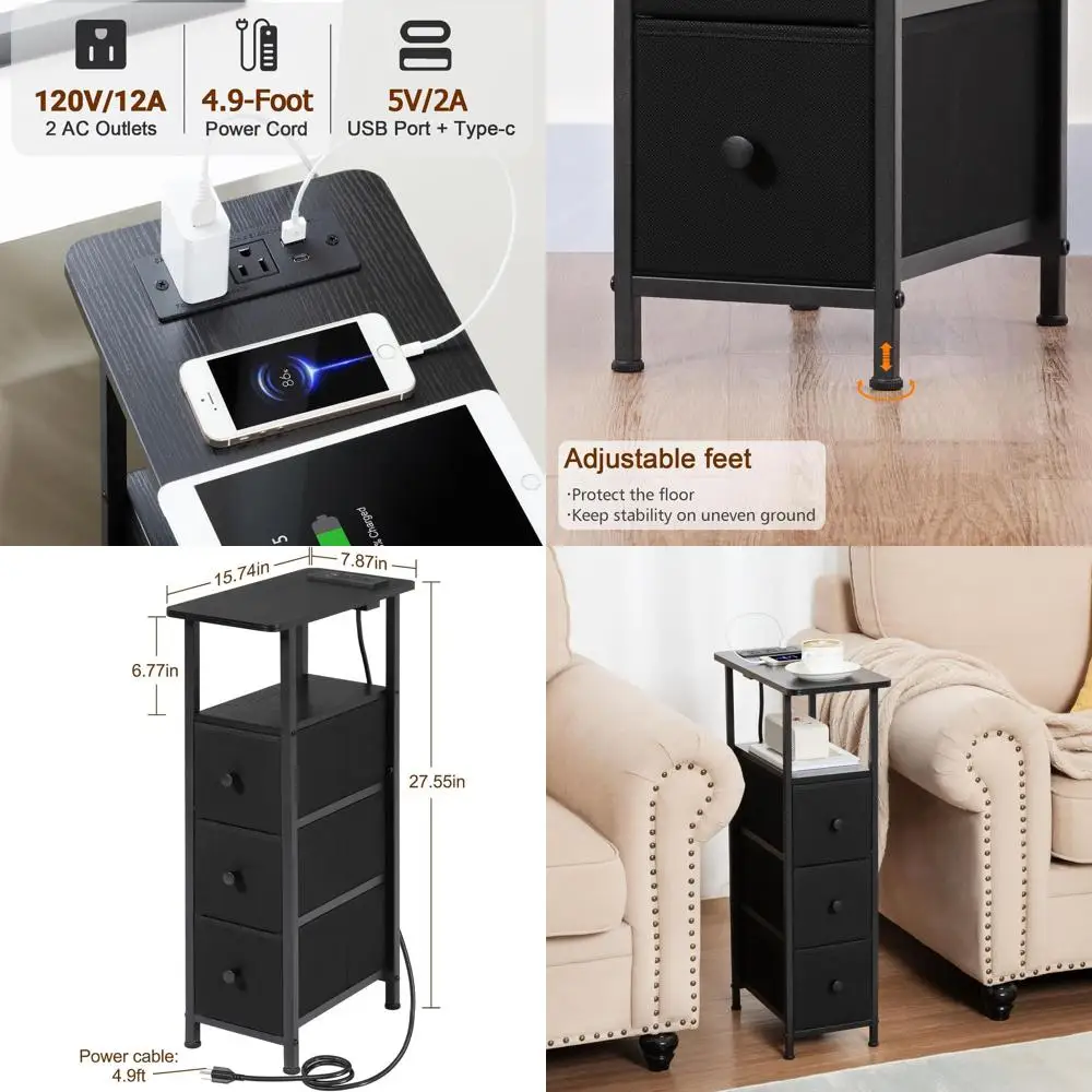 

Charging Station End Tables Set, 2-Piece Slim Side Tables with Fabric Drawers, Ideal for Small Spaces, Black HETNDP03BK