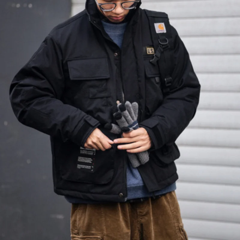 ผู้ชาย Retro คอตั้ง Workwear ผ้าฝ้ายเสื้อผ้า Multi-Pocket หนาอเนกประสงค์ Parka ผู้ชาย Casual หลวมเสื้อโค้ทเด็กผู้หญิง Chaquetas