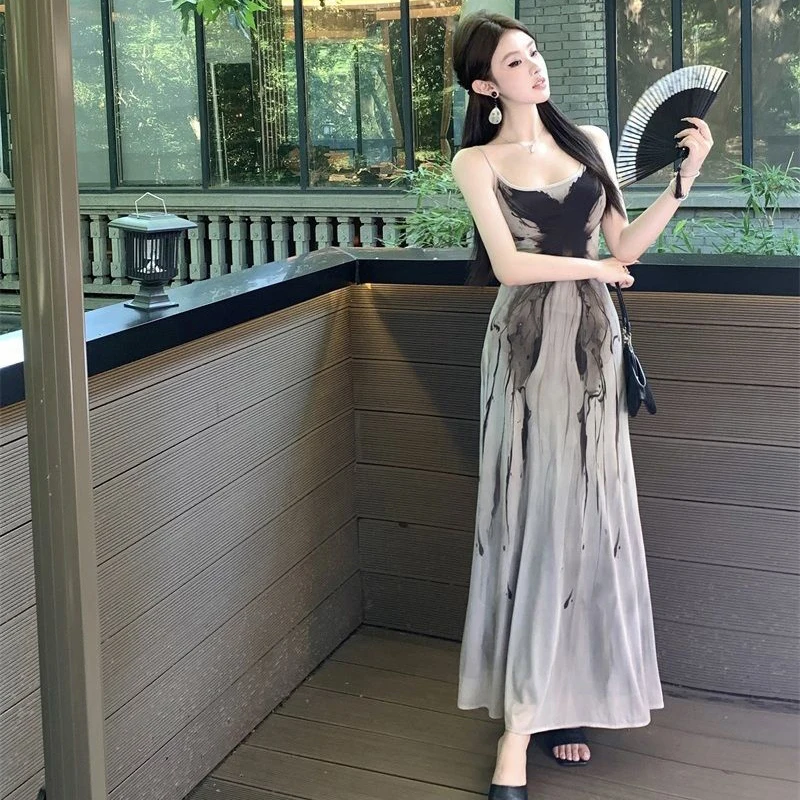 Ink Printed Camis Dress Sexy Backless Elegant Slim Butterfly Dress Mesh Lightweight Breathable See Through Party Vestidos