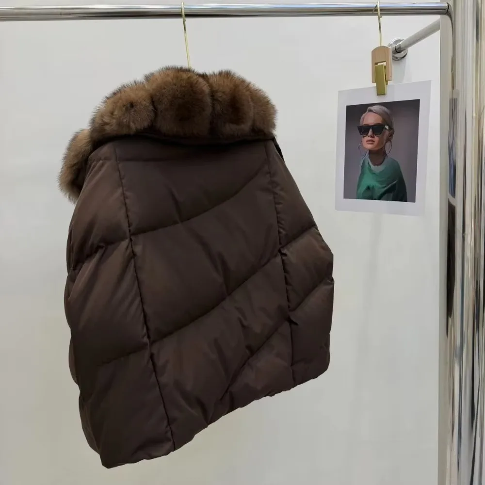 OFTBUY Solid Color Warm Outerwear Women White Duck Down Parka with Real Fox Fur Collar Loose Fit Windproof Winter Puffer Coat