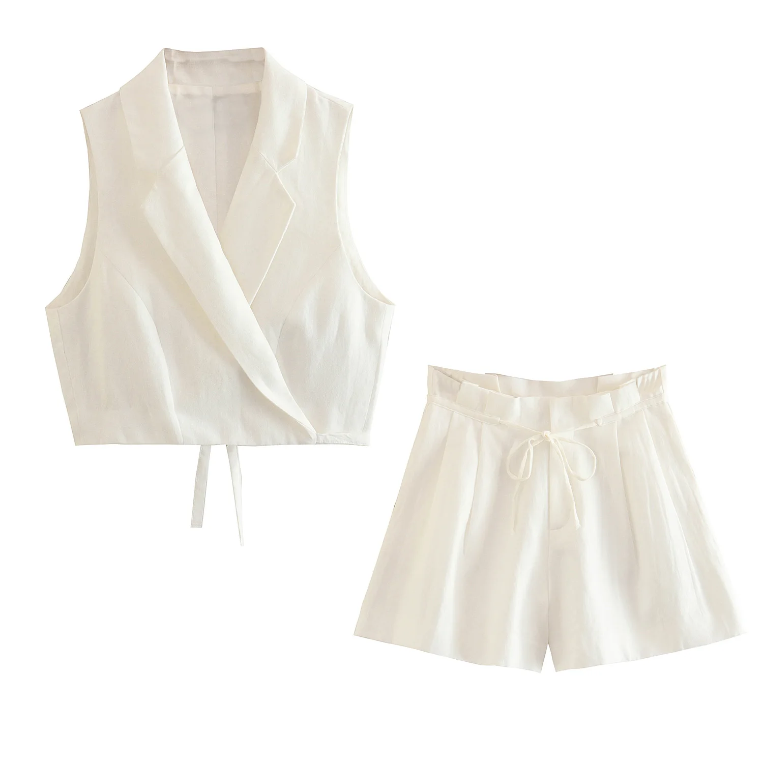 

Женская льняная майка и шорты 2025 года, модный пригородный комплект, майка без рукавов с завязками, элегантная повседневная одежда с высоким воротником