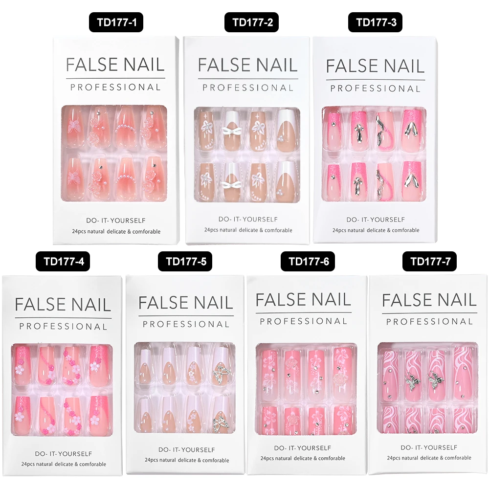 Imprensa longa em unhas postiças com design de arco, capa completa rosa pontas de unhas falsas, cola acrílica nas unhas, ponta francesa vestível, 24pcs