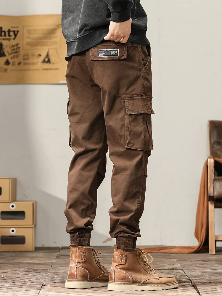 2023 Autumn New Cargo Pants Men Work Wear Multi-Pockets Ankle-Length Solid Cotton Slim Fit Joggers Male Casual Trousers