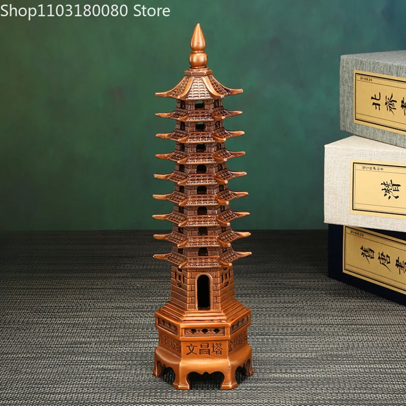 Red copper carving 9-layer 13-layer Wenchang Tower statue Wenchang Pagoda Fengshui decor For living room and study 38cm,29.5cm