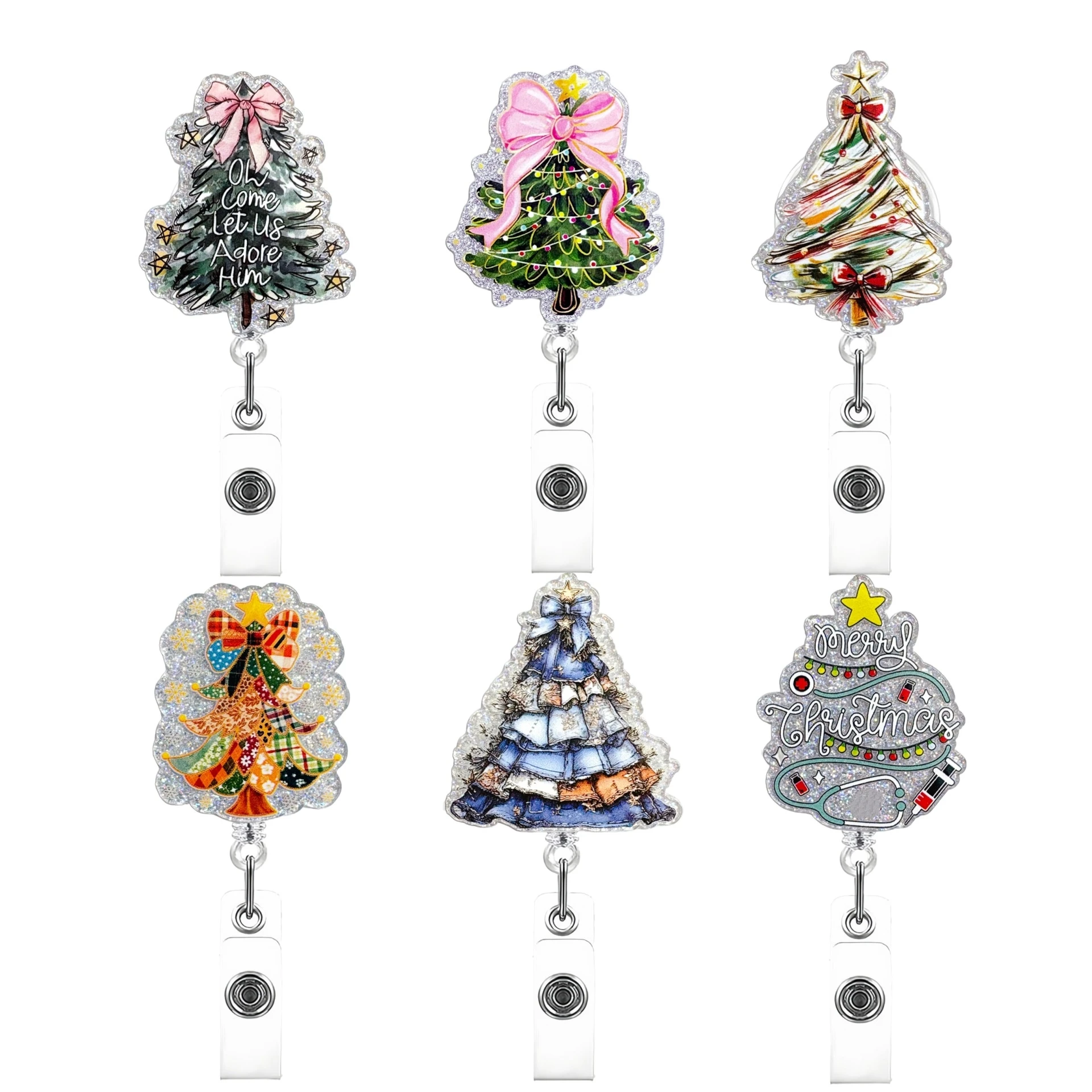 Glitter Acrylic Christmas Tree Retractable Badge Holder Christmas Gift for Nurse