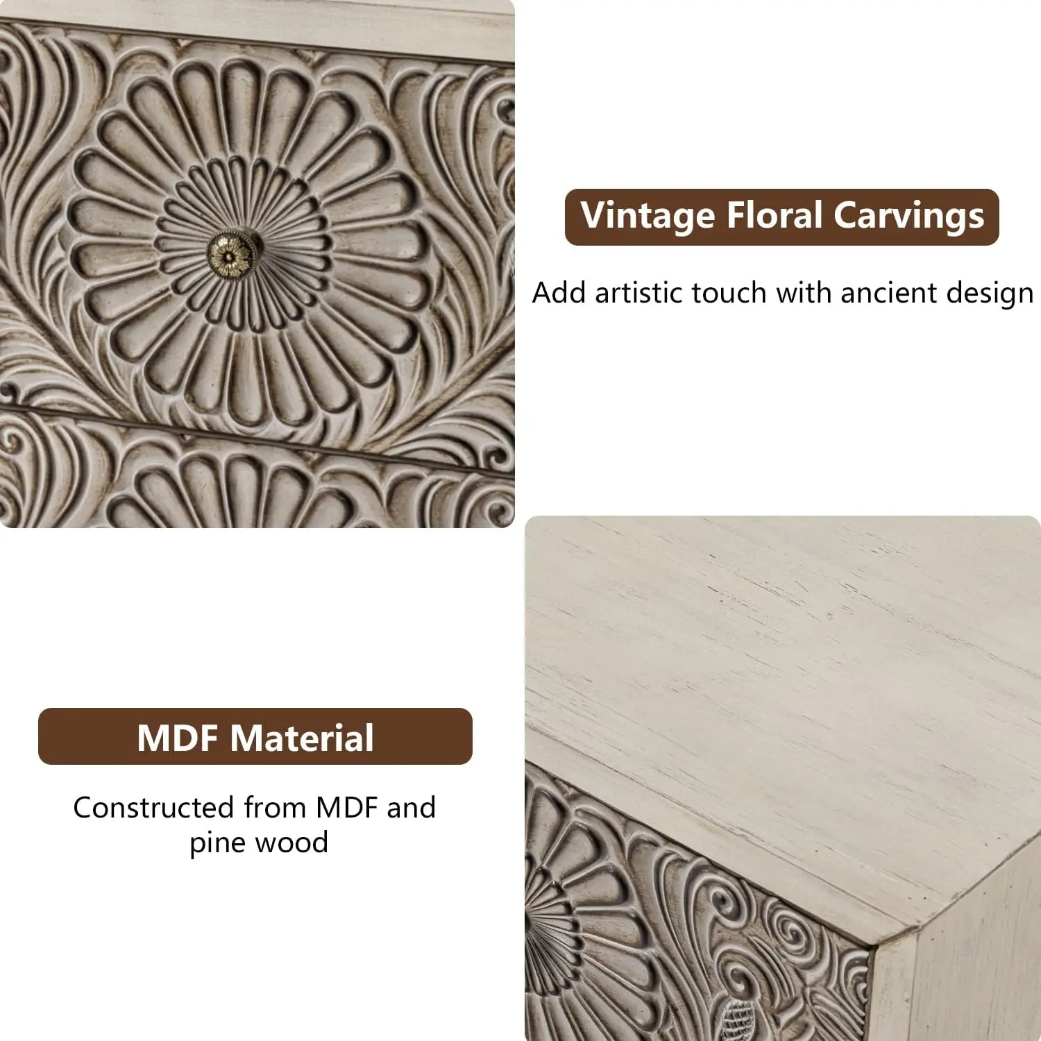 منضدة، طاولة نهاية MDF مقاس 14 بوصة عمق × 18 بوصة عرض × 21.5 بوصة مع درجين، طاولة بجانب السرير خشبية على الطراز العتيق، ملحقات غرفة النوم للمنزل
