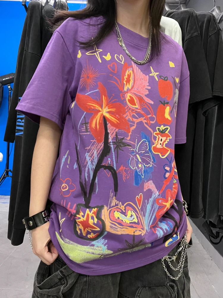 Heavyweight 260G  Doodle Graffiti Purple Art Feel Short Sleeve T-Shirt Unisex Couple Cotton Polyester Spring Summer Top