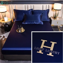 Luxury Ice Silk Fabrics Elastic Fitted Sheet Summer Solid Bedding Mattress Protector Cover Queen King Size Bed Sheet Set 4 Sizes