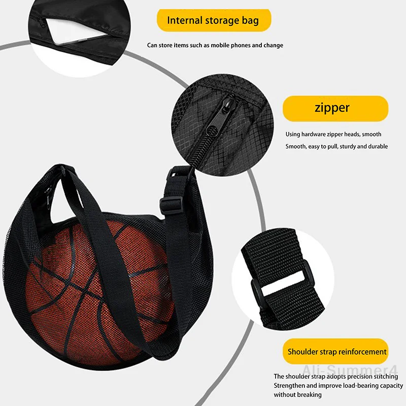 1PCS Single Ball Bag With Zipper Pocket Mesh Ball Storage Bag Sport Equipment Drawstring Sling Storage Net Carrying Basketball