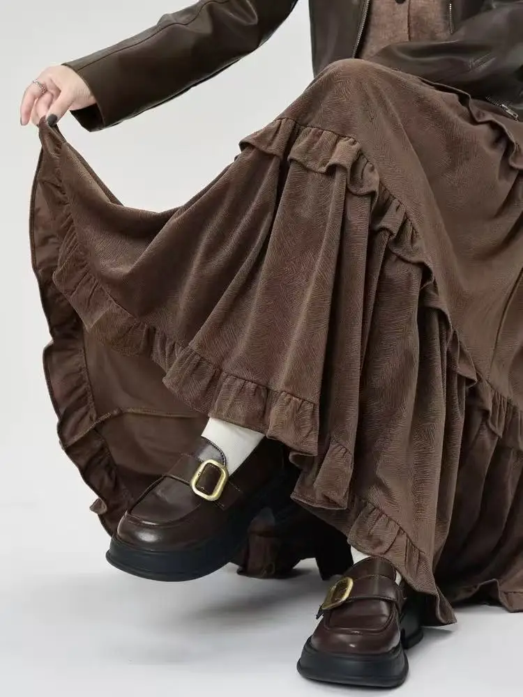 Fashion Fleece Women Midi Skirt Y2K Autumn Winter Thick Ruffled Patchwork Casual Skirt Ladies High Waist Preppy A Line Skirt New