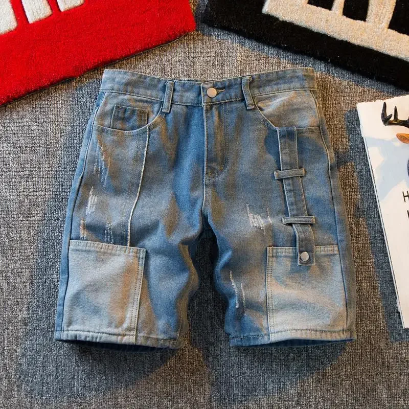 Men\'s Short Jeans Pants Cargo Baggy Patchwork Wide Male Denim Shorts Loose Trend 2024 Xl Korean Fashion Streetwear Cut Summer