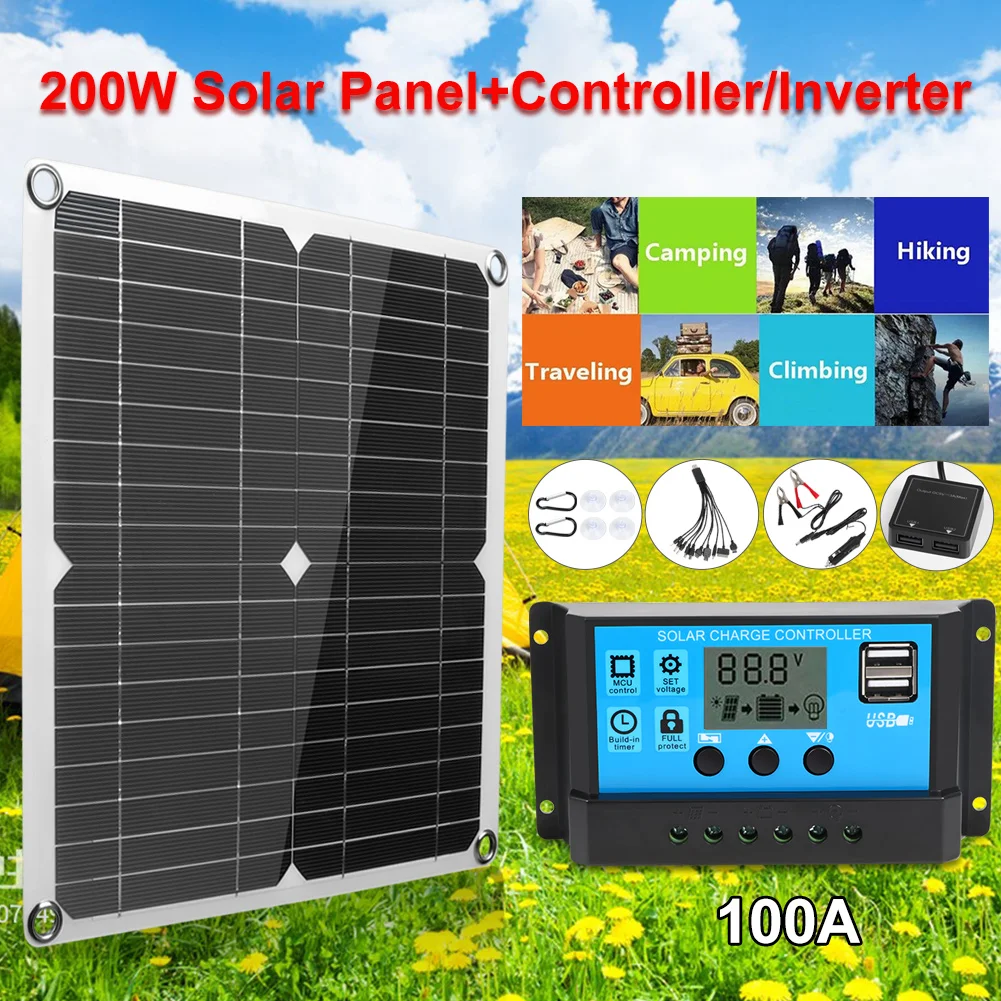 200W Monocrystalline Solar Panel For Car/Boat/ Home Solar Battery Can Charge 12V with 100A Mobile Phones Sports Cameras 5V