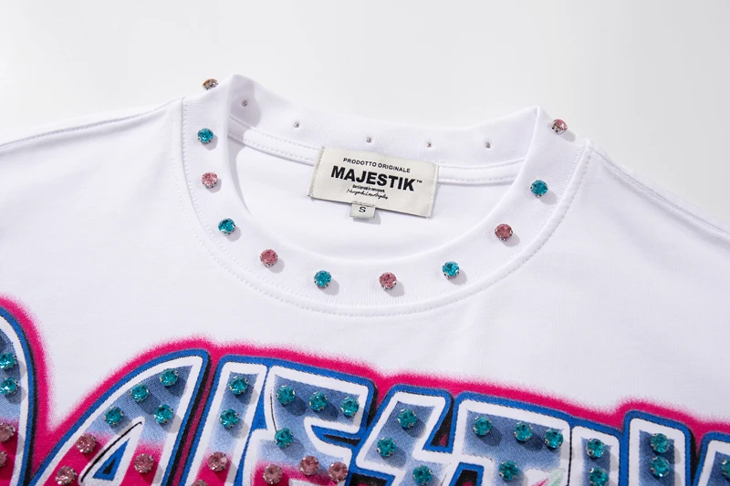 Pink Blue Blended White Knight Print MAJESTIK Sleeveless Tshirts Colorful Nail Bead Round Neck Tank Tops Men Women Streetwear