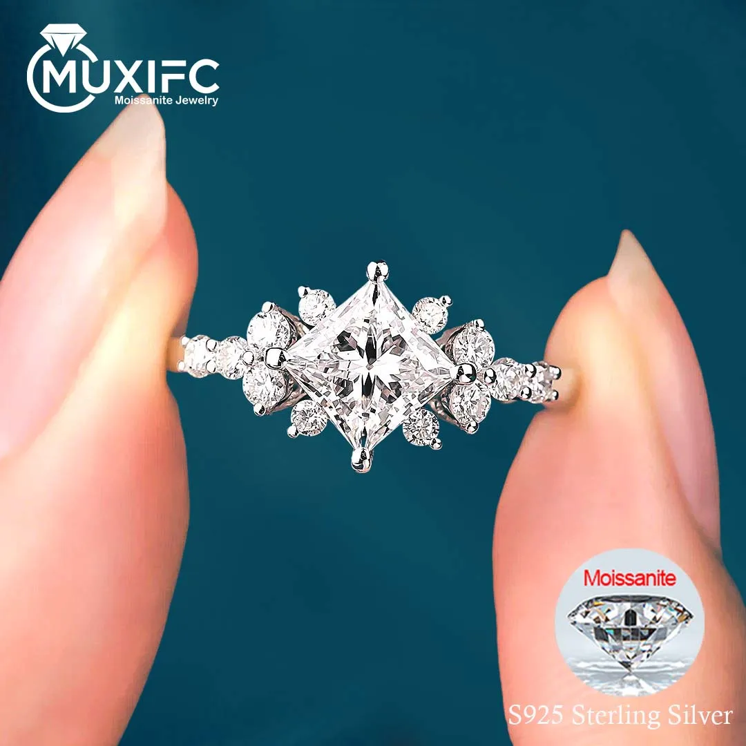 MUXIFC Princess Cut Moissanite Rings for Women 925 Sterling Silver Plated 18K Gold Wedding Band GRA Certified Fine Jewelry Gifts