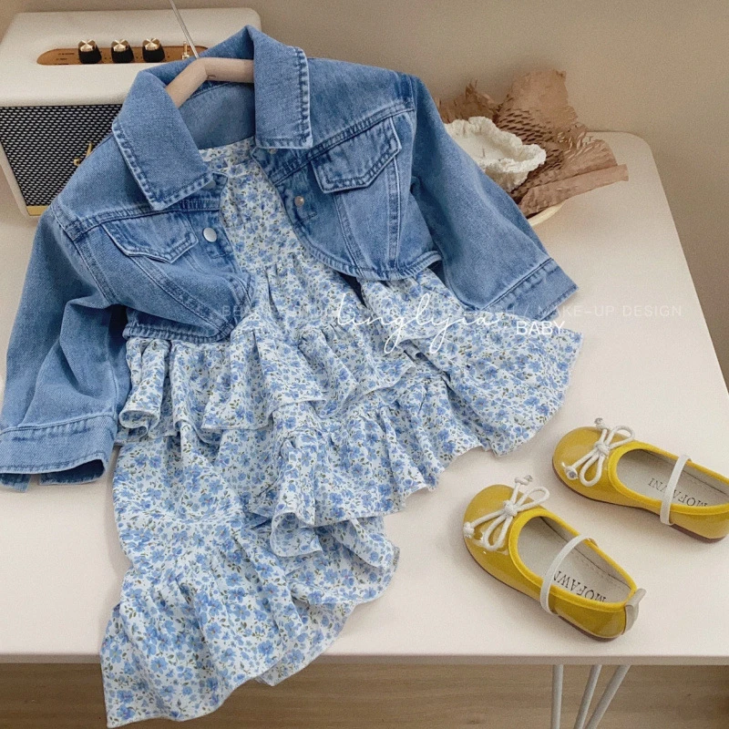 

Girls' stylish outfit, new spring clothing for babies, fashionable children's denim jacket and dress two-piece set for spring an