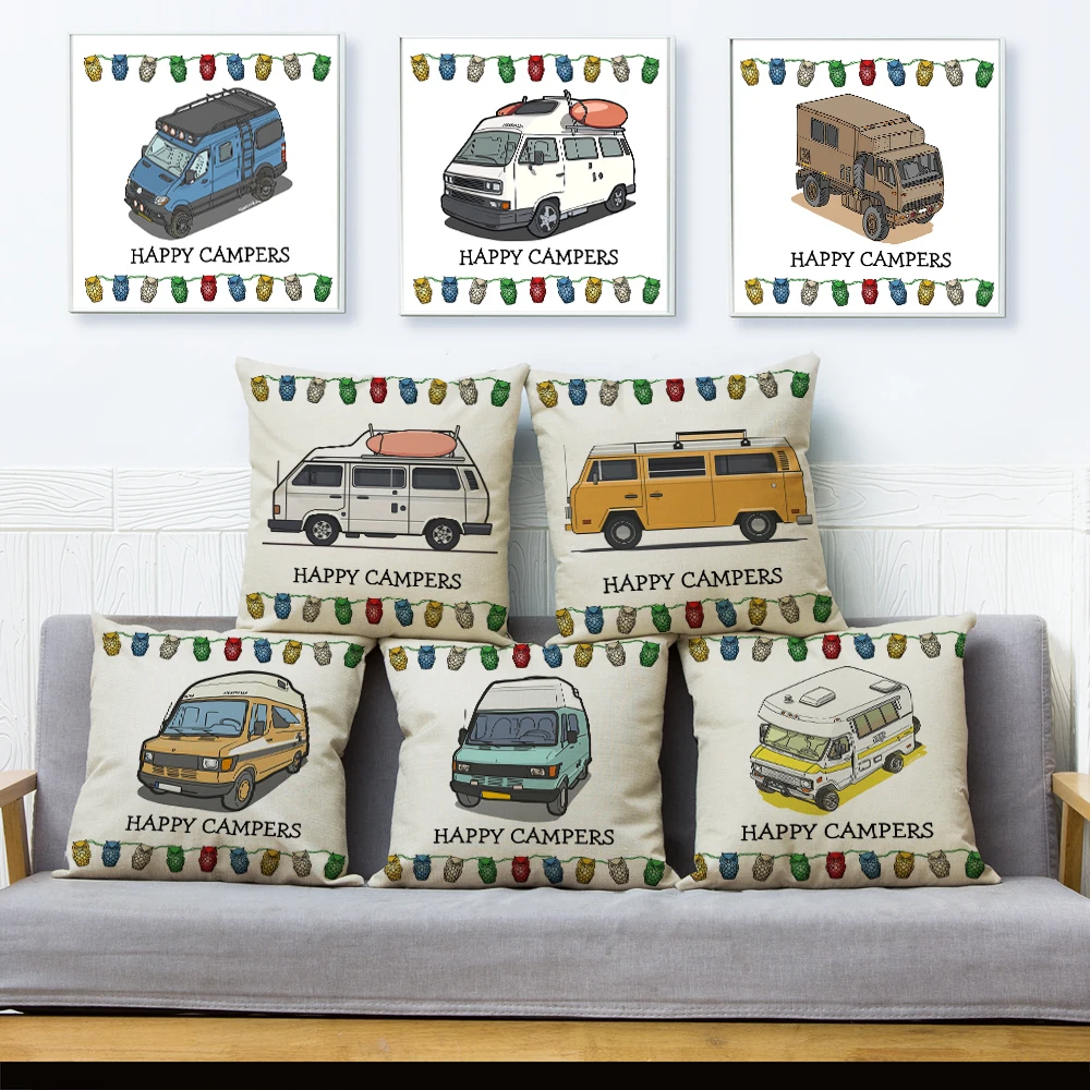 Happy Camper Van Life Pillow Case Decor Cartoon House Travel Car Cushion Cover for Sofa Home Children Room 45x45cm Pillowcase