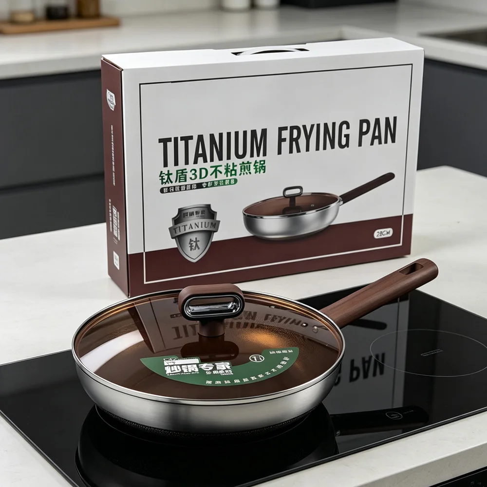28cm Coating‑Free Titanium Non‑Stick Skillet, 304 Stainless Steel Frying Pan With Lid，Coating Free Frying Pan