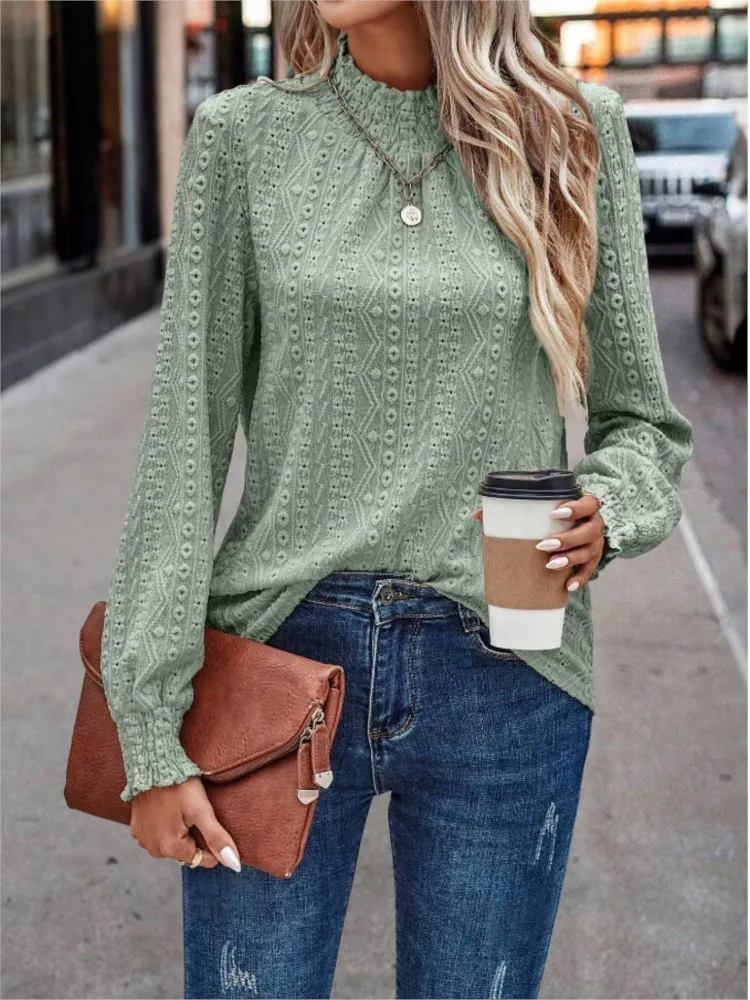 Fashion Hollow Casual Blouses Solid O-neck Long Sleeve Emperament Elegant Women T-shirt Women Patchwork T-Shirts Pullover Tops