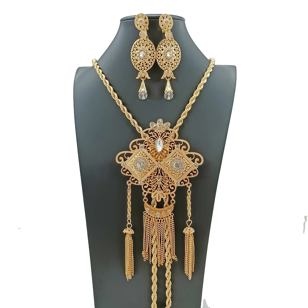 Algerian Wedding Jewelry Set Bridal Necklace Gold Plated Tassel Pendant Long Necklace Wedding Gifts Arabian Women Earrings