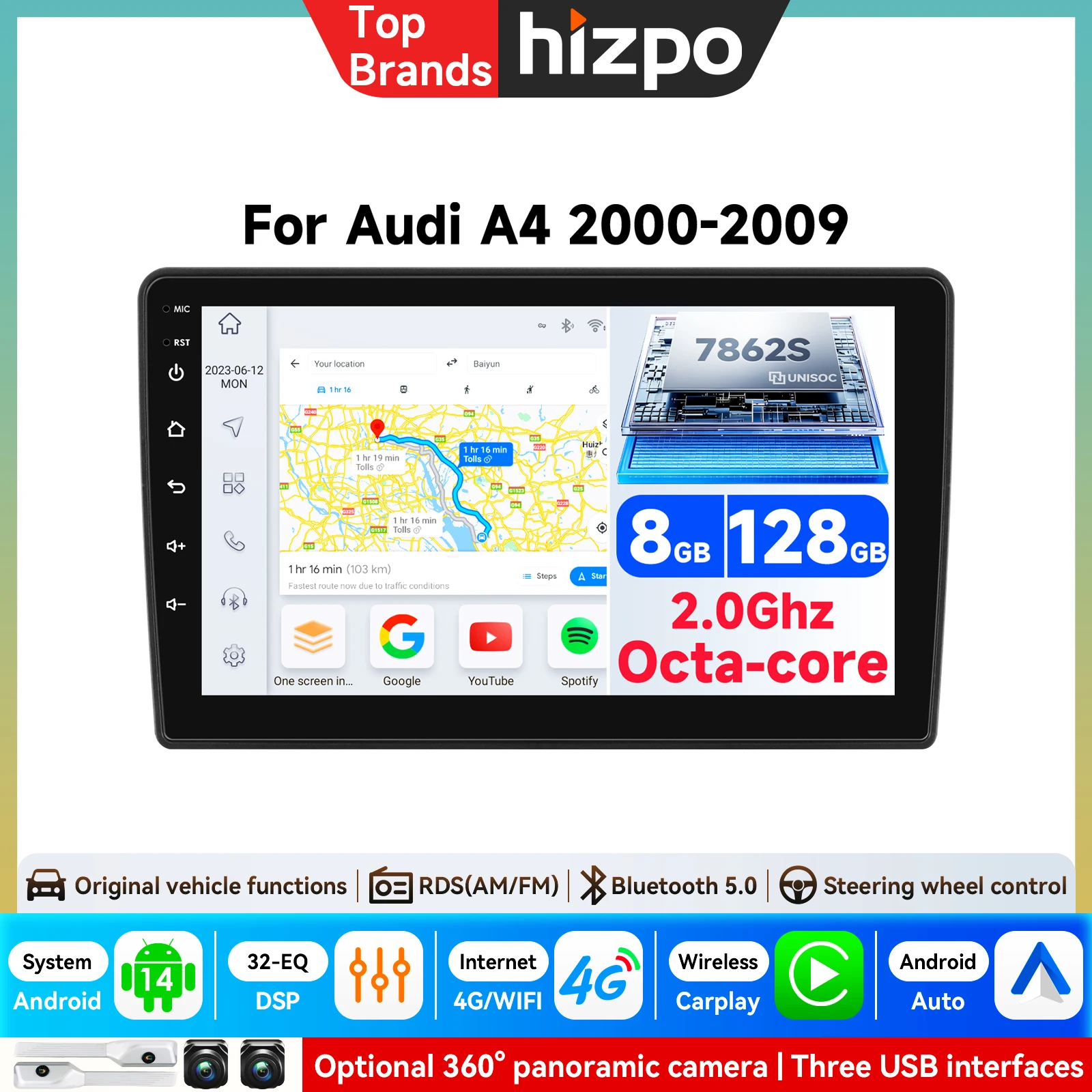 Hizpo 9'' 2Din Carplay Autoradio für Audi A4 B6 S4 RS4 Seat Exeo Multimedia-Player Android Auto GPS RDS WIFI Intelligente Systeme