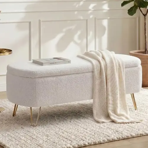 Modern Storage Ottoman Bench, Teddy Upholstered Entryway Bench with Gold Legs, Vintage End of Bed Bench with Safety