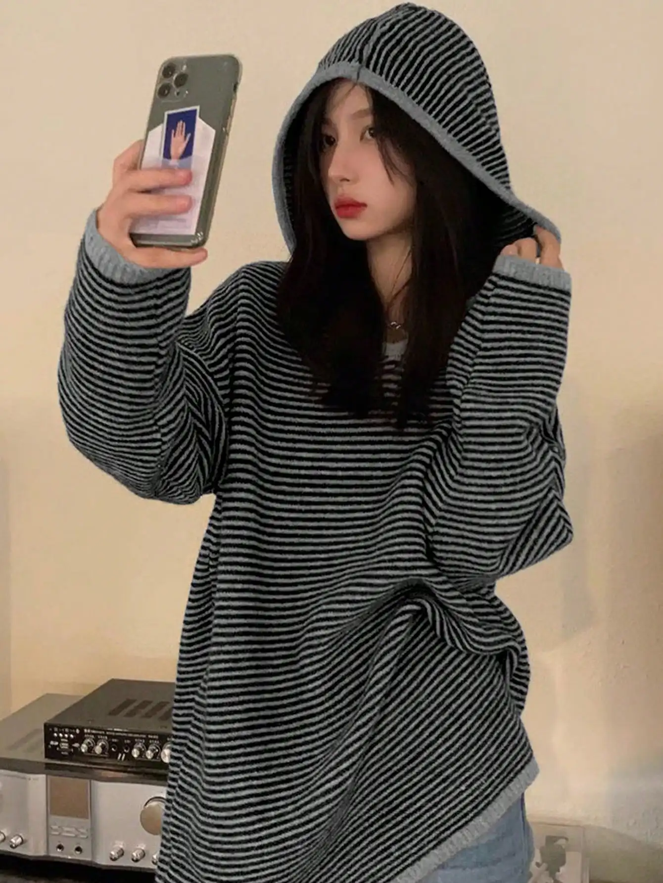 Korean Style Lazy Style Hooded Stripesd Sweatshirt for Women 2025 New Hot Style Autum Small High-End Top Jacket