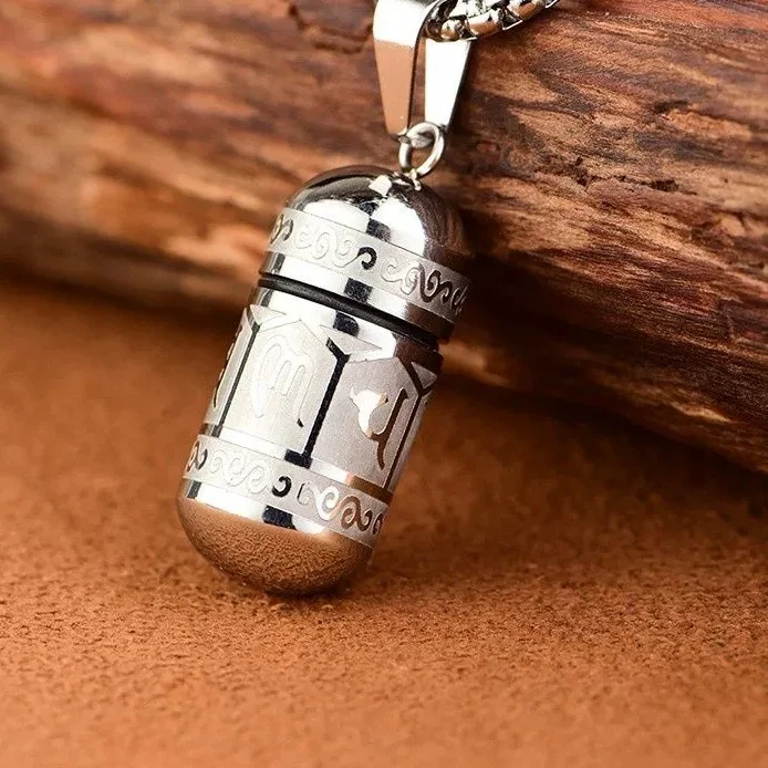 

Titanium Steel Six-character Mantra Pendant Necklace Can Be Opened to Contain Cinnabar Relics and Nectar Ethnic Style Men's