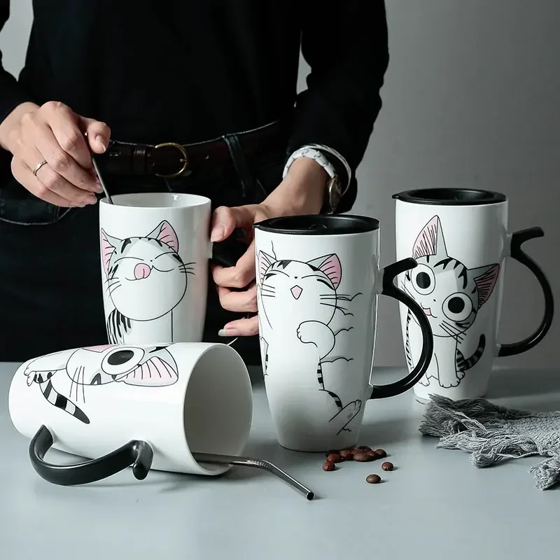 Tasse à café en céramique chat mignon de 600ml, avec couvercle, tasses d'animaux de grande capacité, verres créatifs, tasses à café et à thé, cadeaux fantaisie, tasse à lait