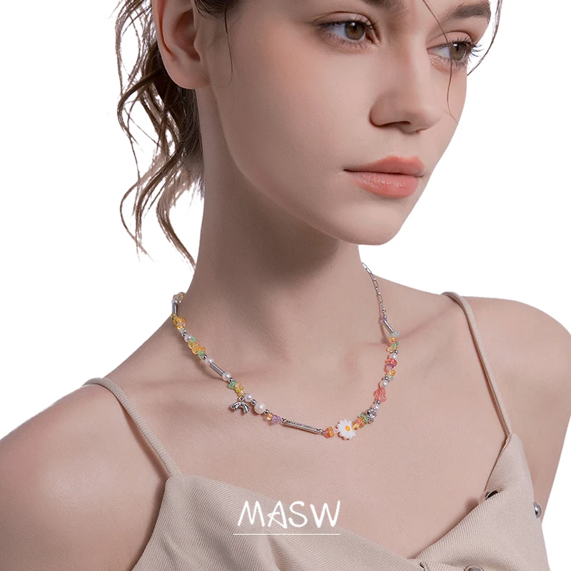 MASW Original Design Spring Summer Jewelry Set One Layer Colorful Flower Bead Necklace For Women Bracelet Party Wedding Gift