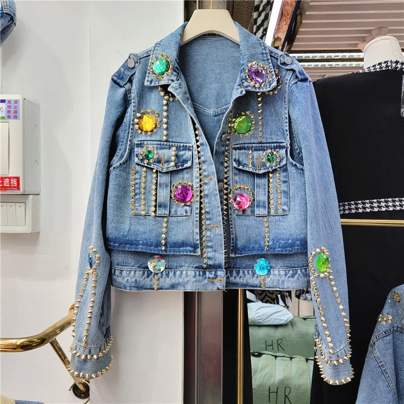 

Heavy Work Rivet Diamonds Big Pocket Denim Jacket Coat Women Casual Loose Short Cowboy Outerwear Long Sleeve Jeans Jacket Female