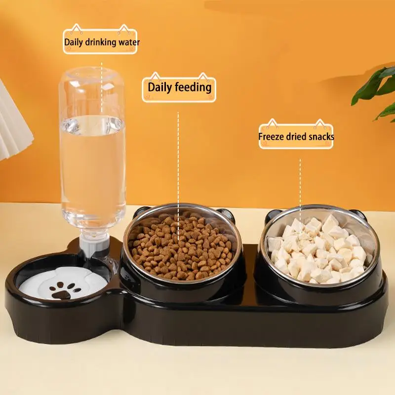 Tigela para gato boca inclinada tigela para cachorro tigela de arroz para gato tigela dupla de aço inoxidável recarga automática tigela para animais de estimação três em uma taxa para beber
