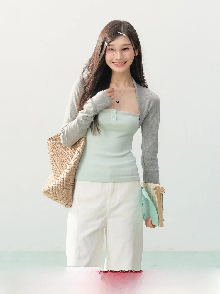 

Spring New Sle Korean Design Long Sve Fake Two-Piece Top Women's Strapl Blouse T-irt Comfortable Soft Knitted Cotton