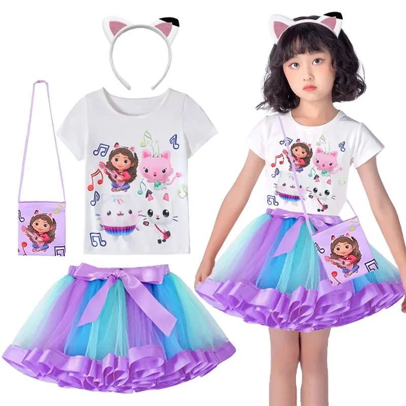 Gabby Dollhouse Girl Set Children\'s Cosplay Costume Sets Summer Cats-Tastic Tops+Skirt+Bag 3-Piece Suit