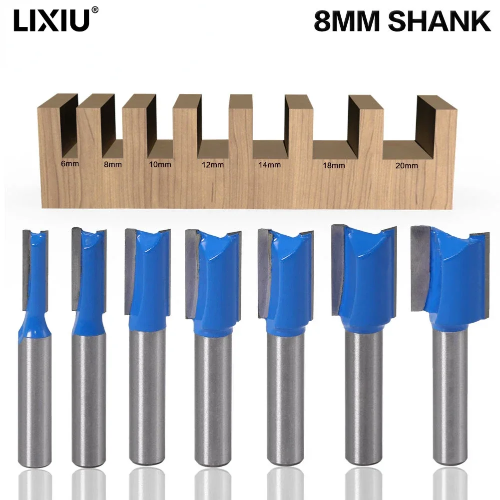 7Pcs 8mm Shank Straight Woodworking Router Bit Set Carpenter Milling Cutter 6/8/10/12/14/18/20mm Cutting Diameter