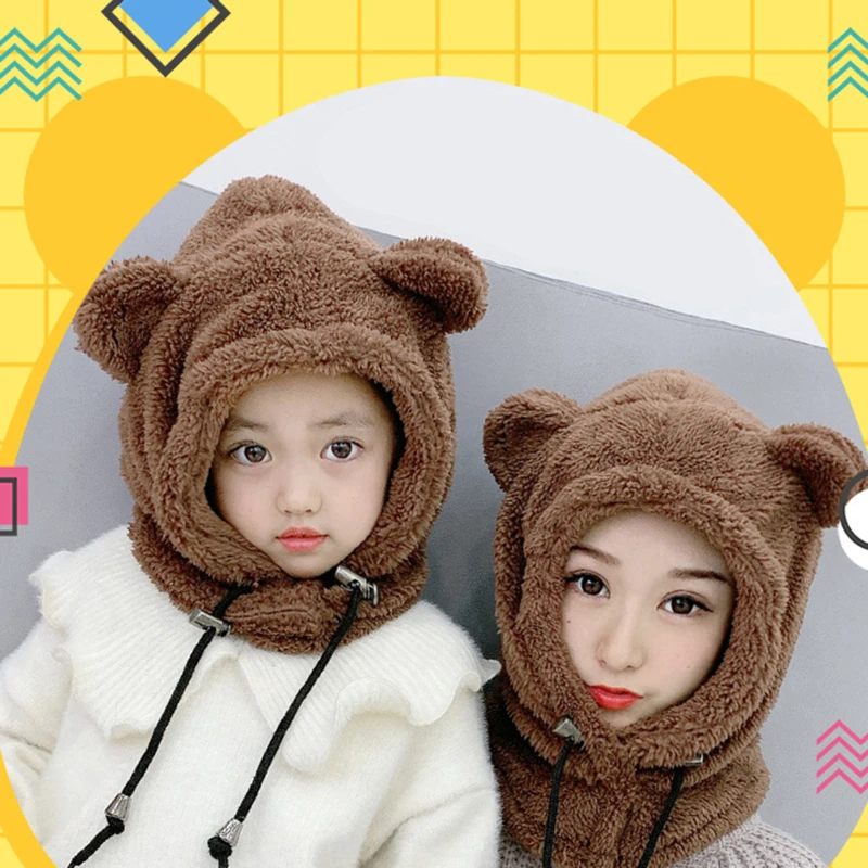 Scarf Hat for Children Adult In One Plush Thickening Winter Warm Parent-Child Cartoon Windproof Ear Protection Girls Boys Cap