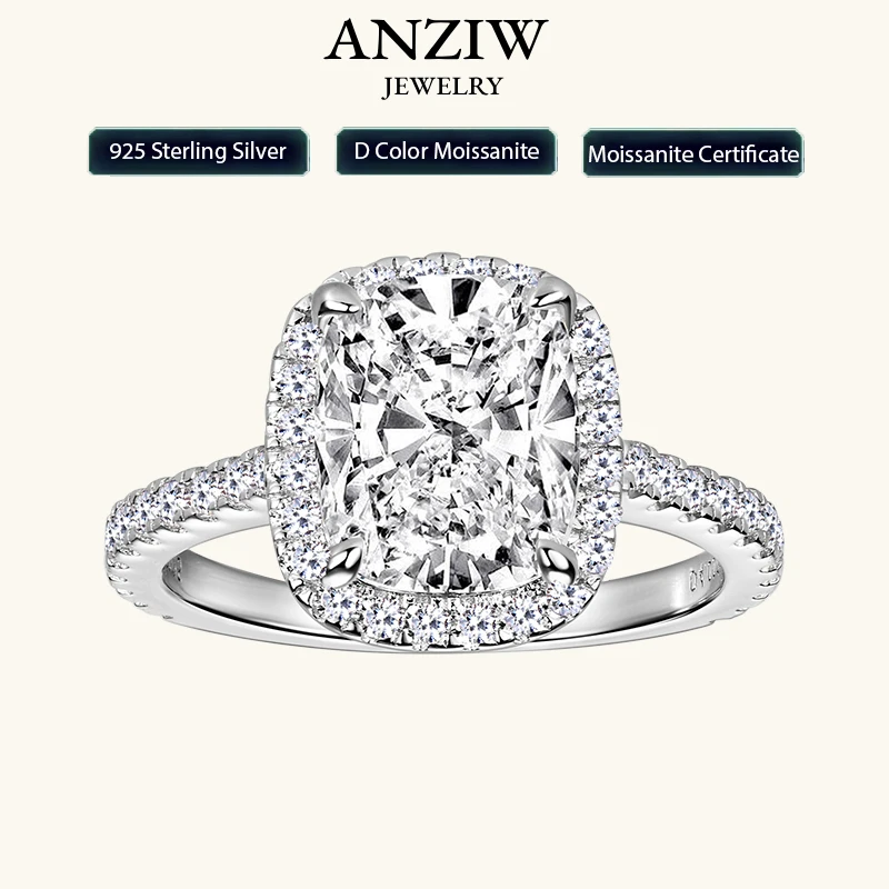 

Anziw Original 4.0 Carat Cushion Cut Moissanite Wedding Ring 925 Sterling Sliver Promise Ring Bands for Women Engagement Jewelry
