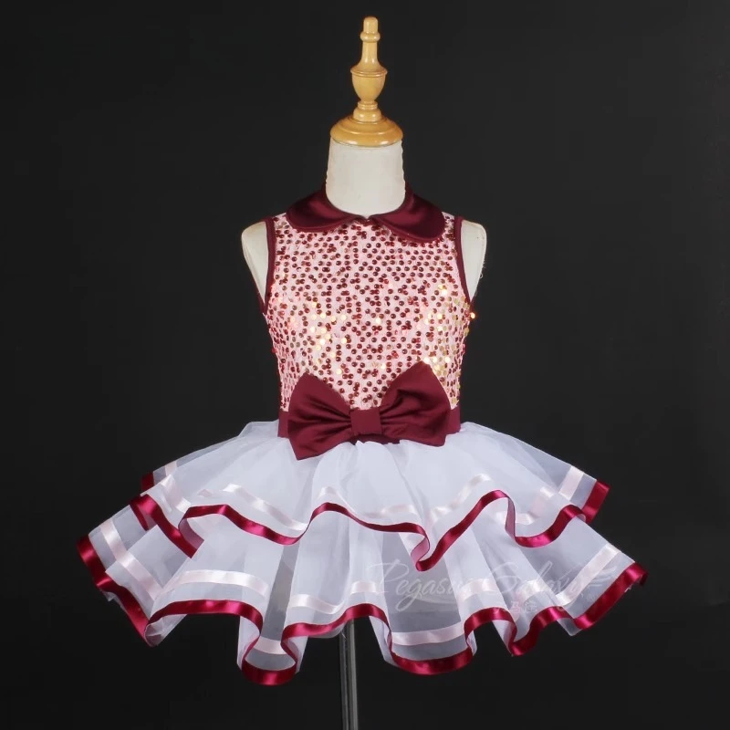 

Girl Red Sequins Ballet Tutu Bow Cute Princess Dress Children Adult Stage Performance Dancewear Sleeveless Ballet Dance Costume