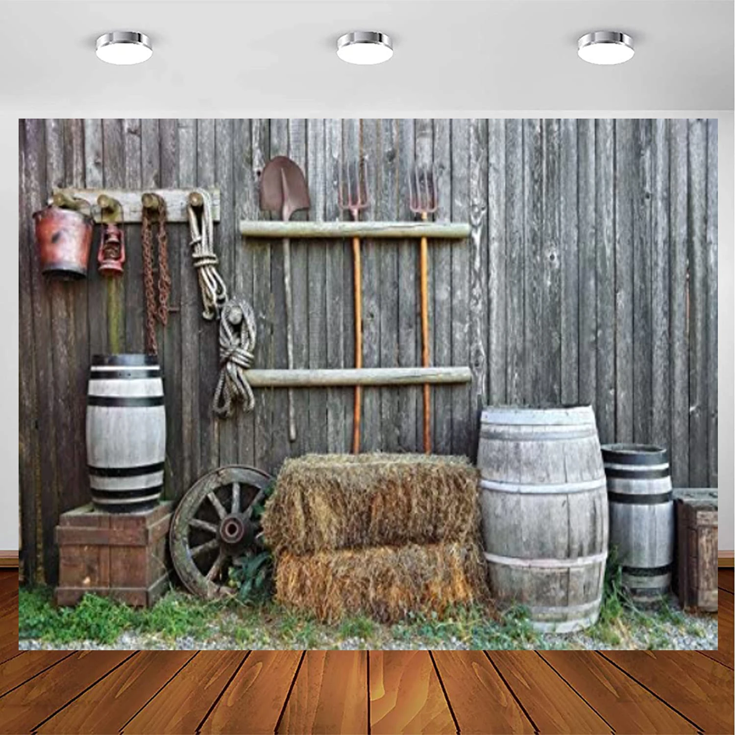 

Western Old Barn Photography Backdrop Hay Bale Background for Countryside Farmhouse Fork Pitchfork Wagon Wheel Rustic Style