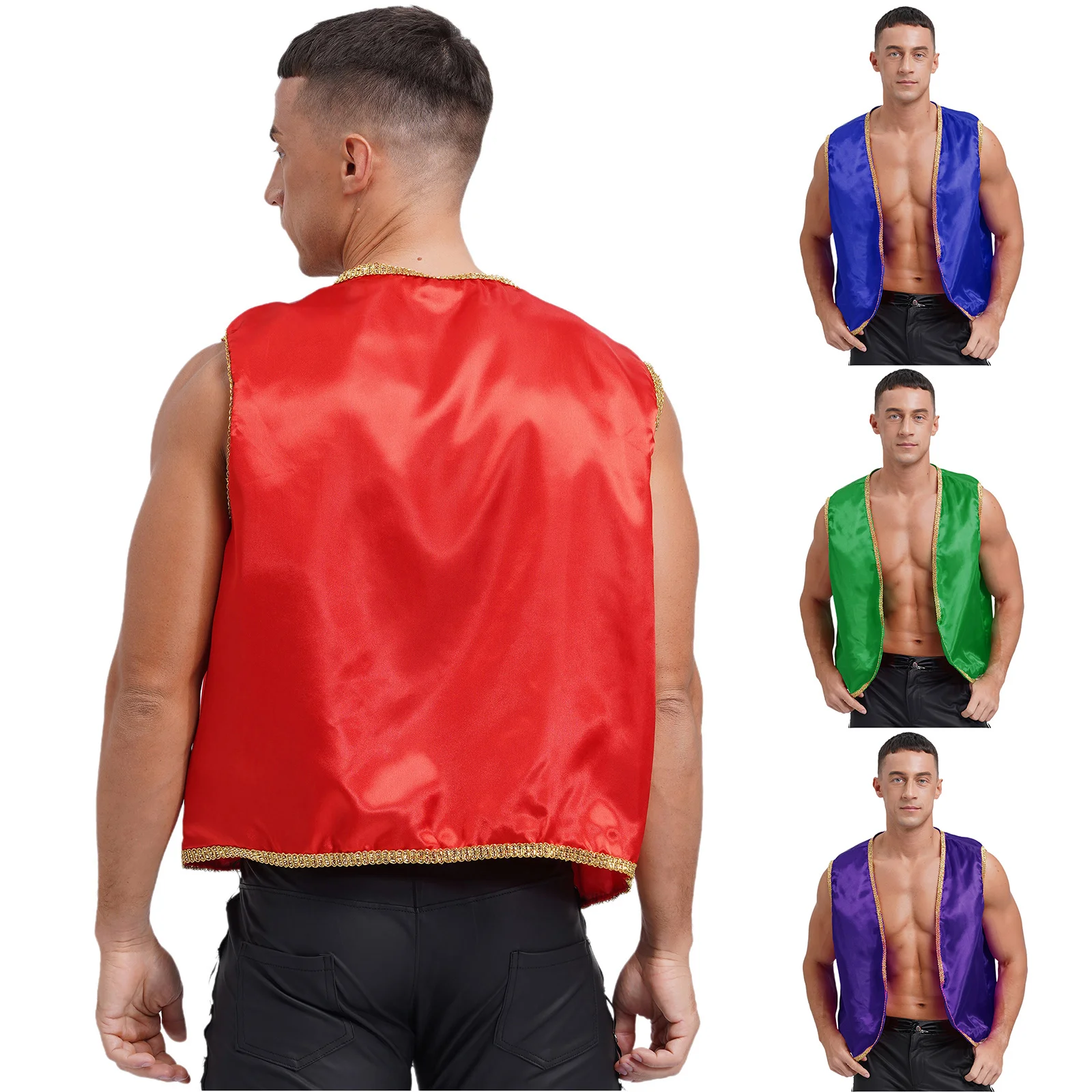 Chaleco de Príncipe Árabe de Lujo para Hombre, con Adornos Dorados Brillantes, Frente Abierto y Corte Curvo, Disfraz de Cosplay Indio Árabe para Halloween