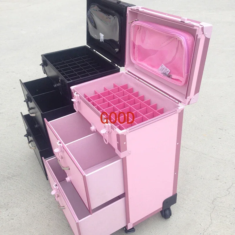 Women Cute pink Trolley cosmeti case Rolling Luggage,Men Domineering black Nails Makeup Toolbox,beaut Tattoo Trolley Suitcases