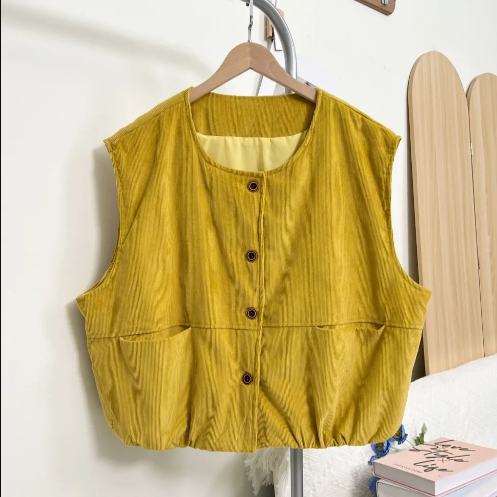 

Retro Japanese Sle Corduroy Vest with Cotton Fill Dstring Large ket Color Slimming Trendy Winter Faion