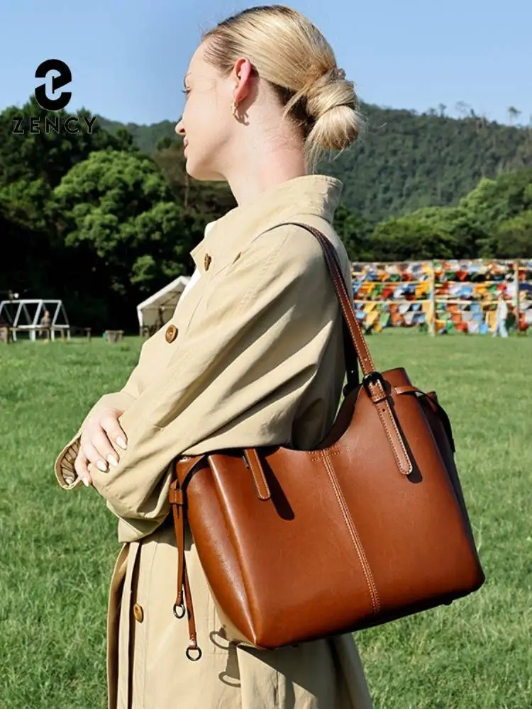 Zency New Style Coffee Women Handbag 100% Genuine Leather Female Shoulder Purse Ladies Tote Bag Large Capacity Shopping Bags
