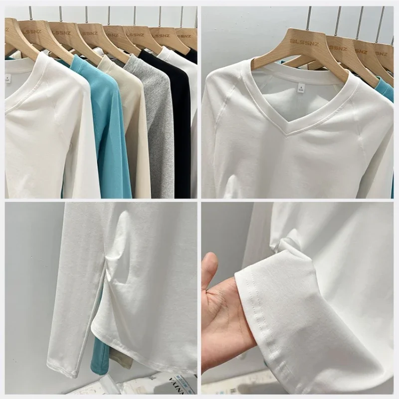 2025 verão plissado cintura emagrecimento base camiseta básica com decote em v magro t camisa feminina sólida versátil tendência manga longa topo