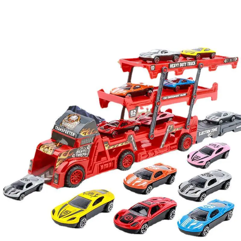 Hot Three Layers Transport Cart Toy Parking Lot Set Container Truck Model with 6 Alloy Wheels Cars Kids Toy Gift