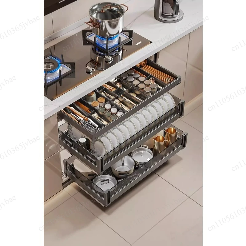 Aluminum Alloy Drawer Pull-out Basket, Layered Storage for Tableware, Efficiently Utilizes Cabinet Space