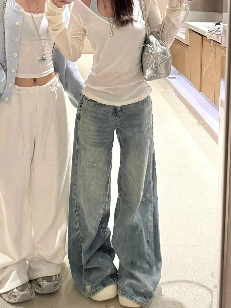 

Женские джинсы-клеш с эффектом потертости, с высокой талией, свободного кроя, прямые широкие штанины, повседневные