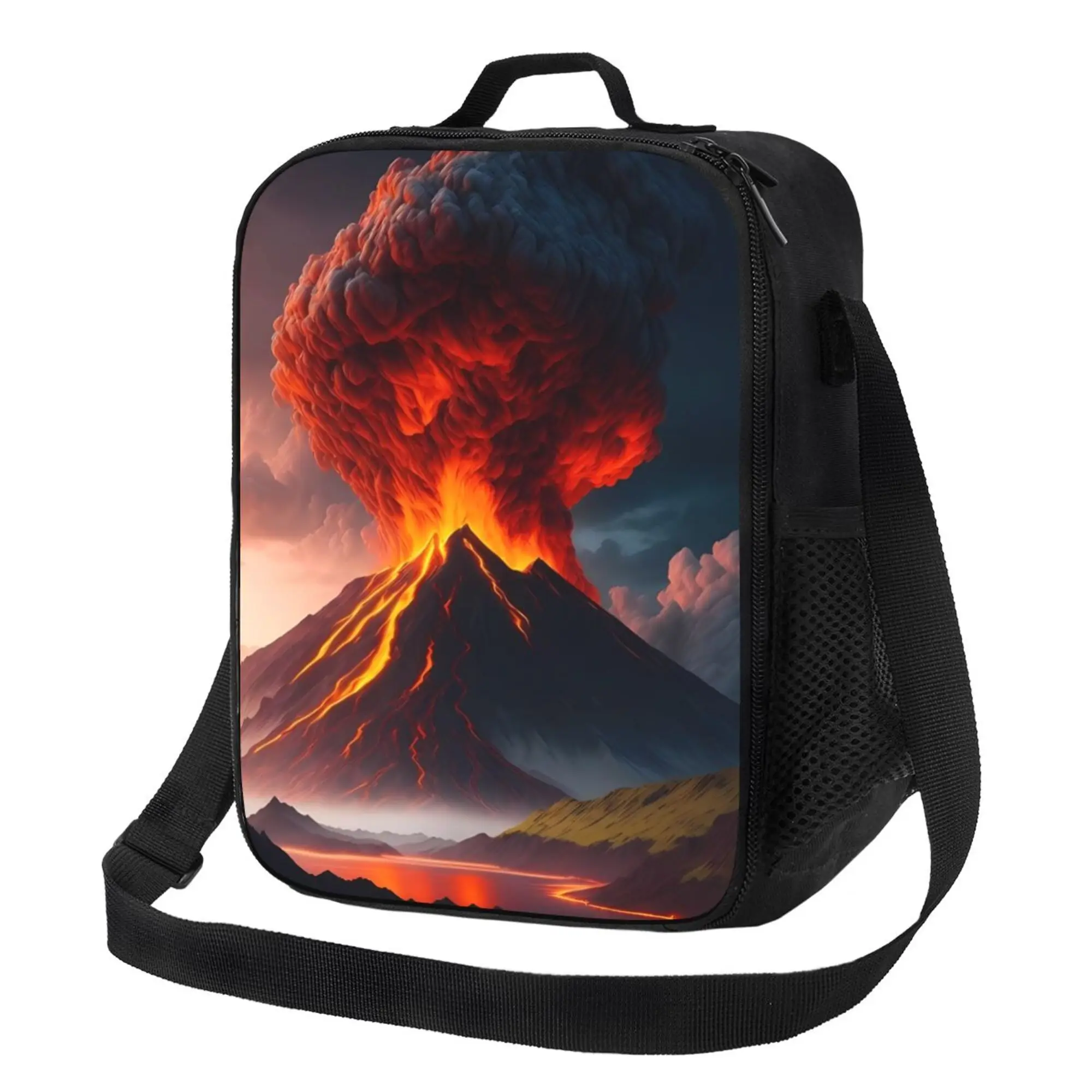 

1pc Volcano Eruption Backpack - Waterproof Polyester Insulated Lunch Bag with Vibrant Red & Orange Lava Design,